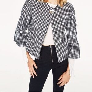 Zara Woman Black White Tweed Bell Sleeve Jacket S